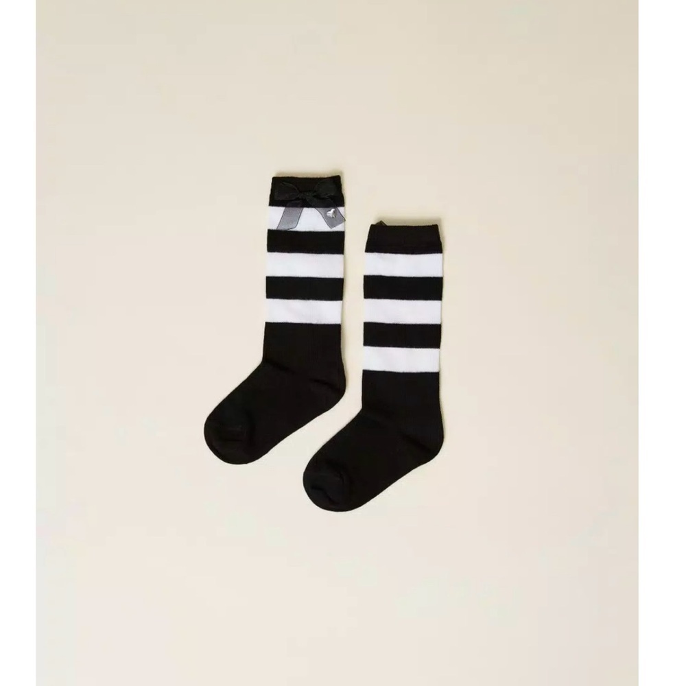 Twin-Set Black and White Striped Kids Socks with bow and heart